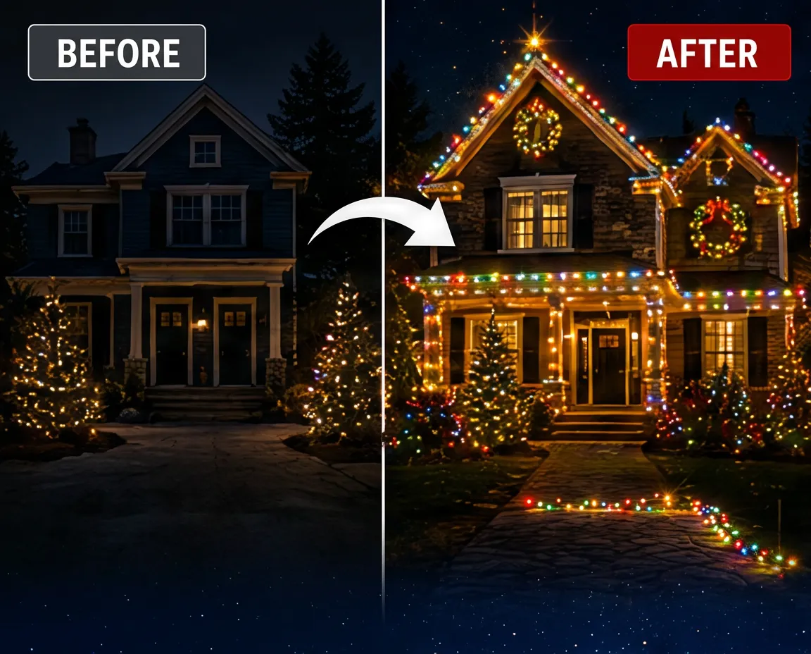 Before and after of a home transformed with professional Christmas light installation