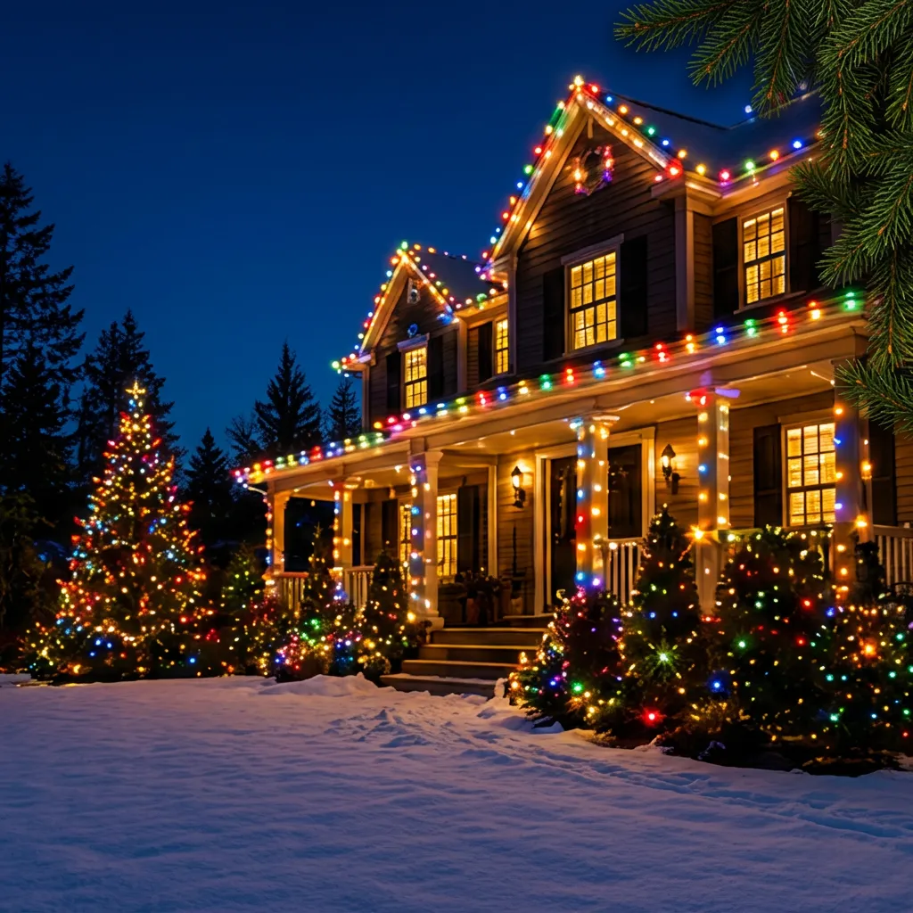 Two-story home glowing with multicolor Christmas lights along every roofline