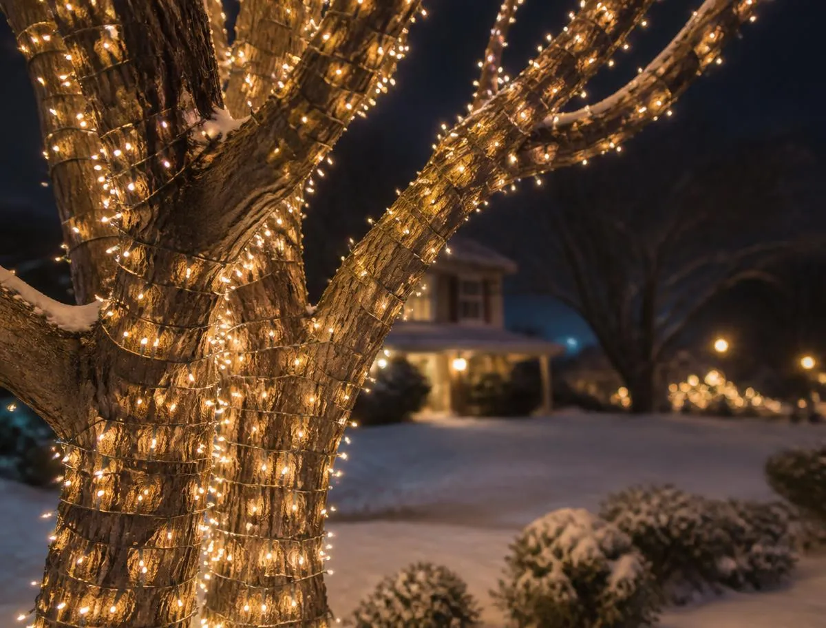 Front yard tree trunk wrapped in warm white mini Christmas lights